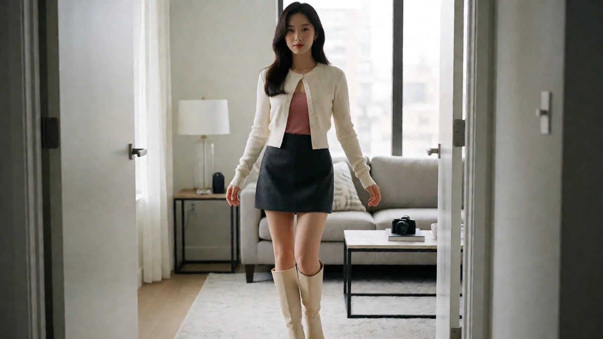 荔枝视频火辣女友主题图,黑发成年女性穿白色短外套、粉色上衣和深色短裙,走过客厅