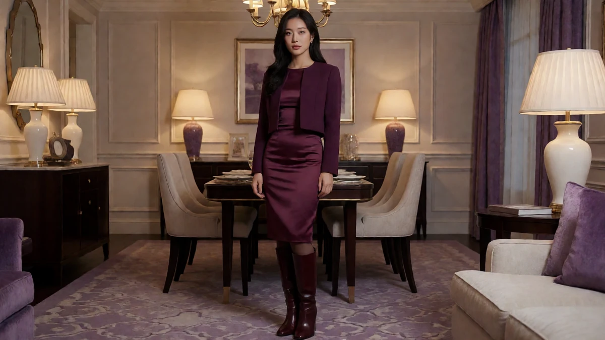 荔枝视频成熟约会主题图，成年女性穿酒红色套装，站在暖光餐厅
